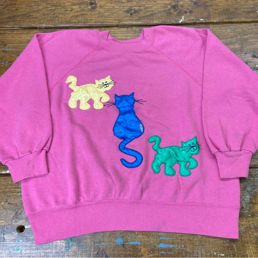 Vintage 80’s Pink Sweatshirt with Colorful Cat Appliqués